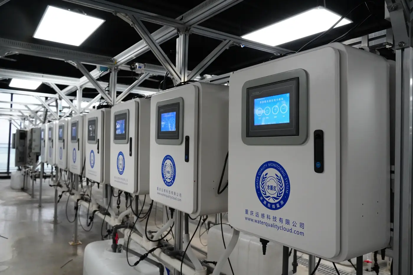 YuanGan digital factory — water quality analyzer burn-in and calibration racks